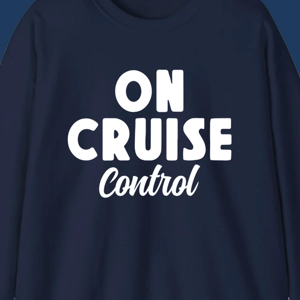 White text reading 'ON CRUISE CONTROL' with 'Control' in italic script on gray background, cruise-themed typography design
