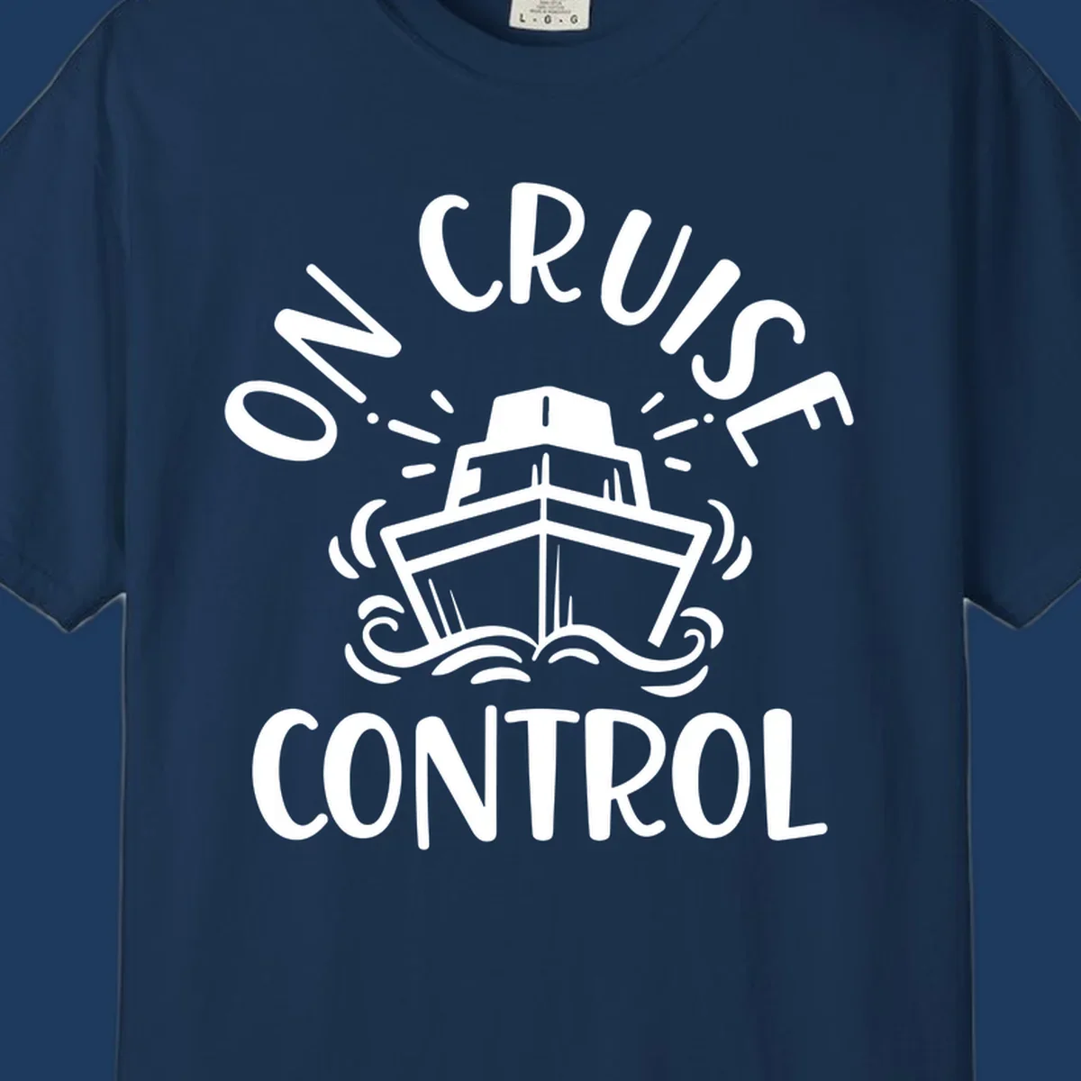 White illustration of cruise ship with radiating lines and ocean waves, text reading 'Own Cruise Control' arcing around it on gray background