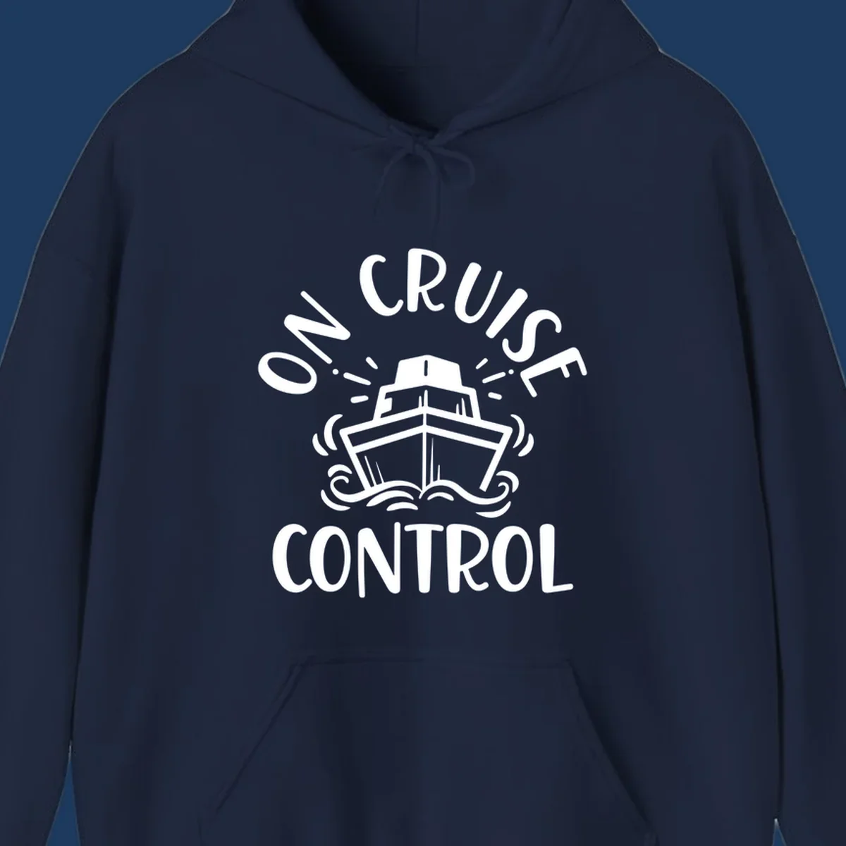 White illustration of cruise ship with radiating lines and ocean waves, text reading 'Own Cruise Control' arcing around it on gray background