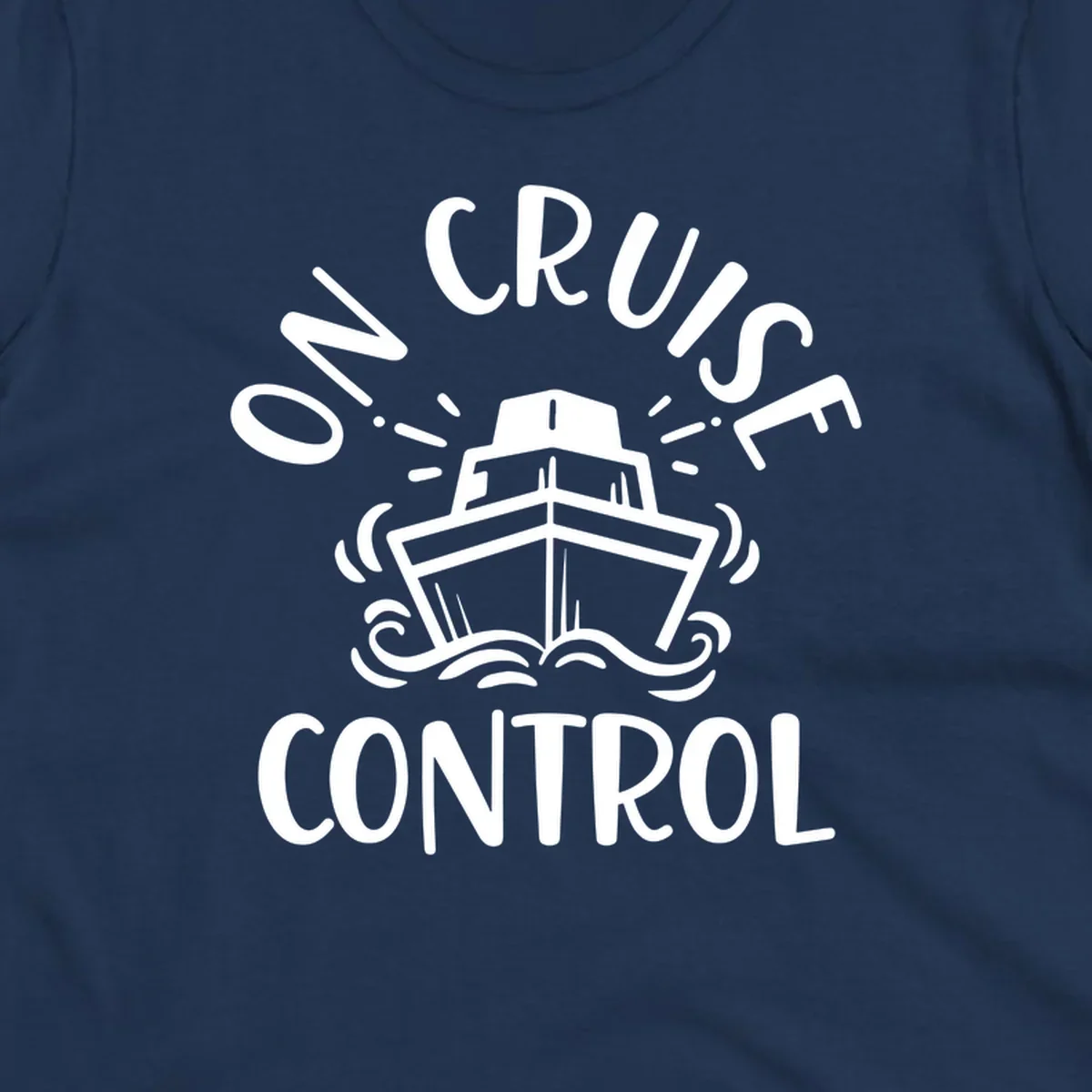 White illustration of cruise ship with radiating lines and ocean waves, text reading 'Own Cruise Control' arcing around it on gray background