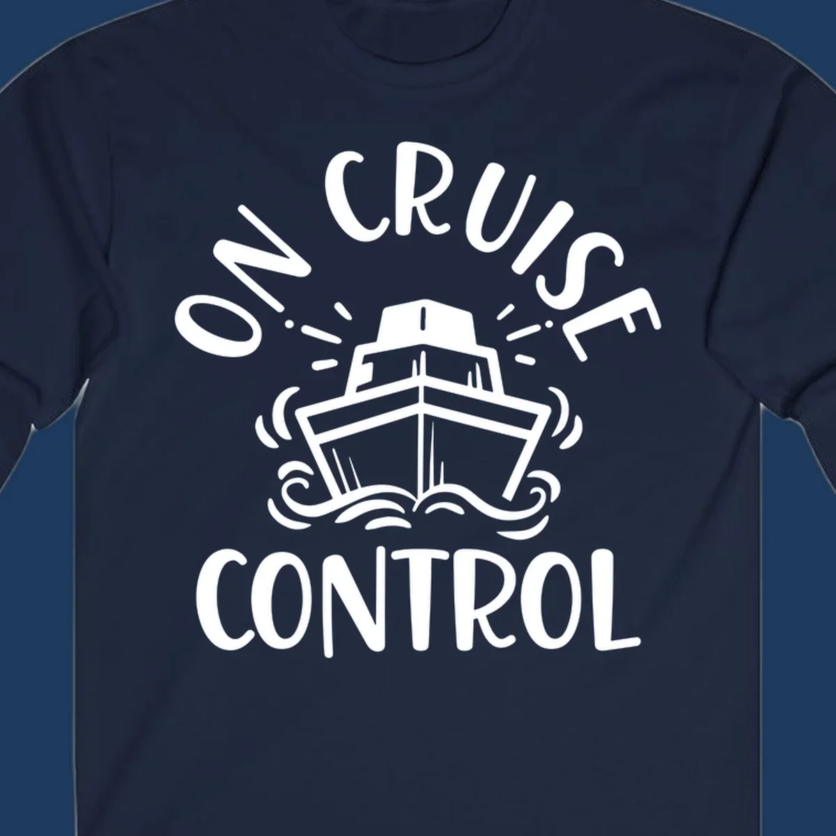 White illustration of cruise ship with radiating lines and ocean waves, text reading 'Own Cruise Control' arcing around it on gray background