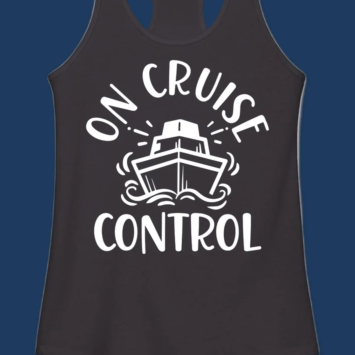 White illustration of cruise ship with radiating lines and ocean waves, text reading 'Own Cruise Control' arcing around it on gray background