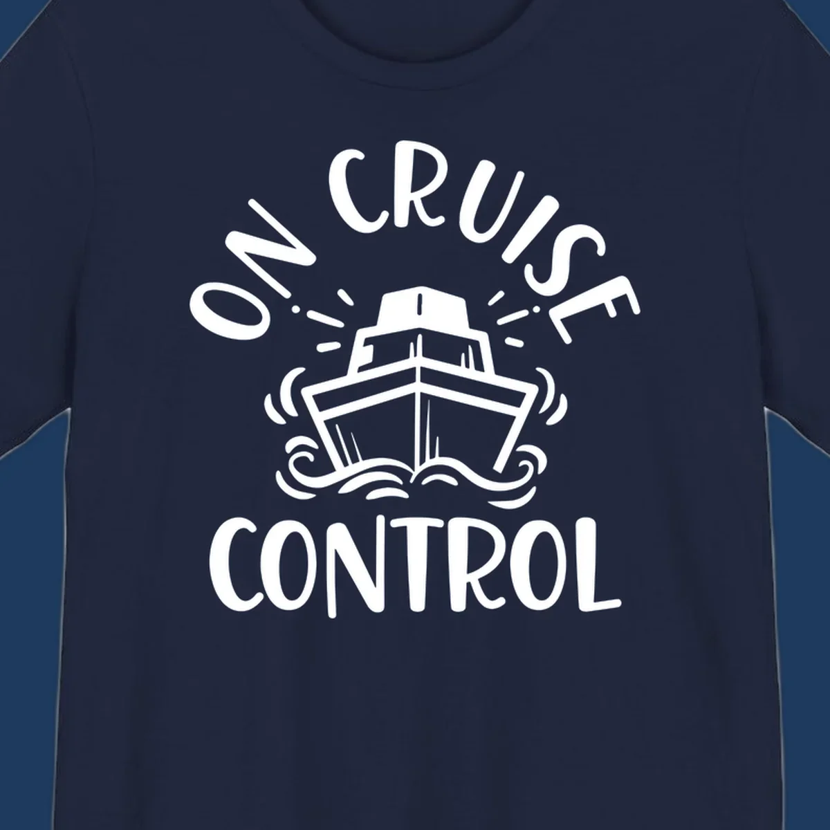 White illustration of cruise ship with radiating lines and ocean waves, text reading 'Own Cruise Control' arcing around it on gray background