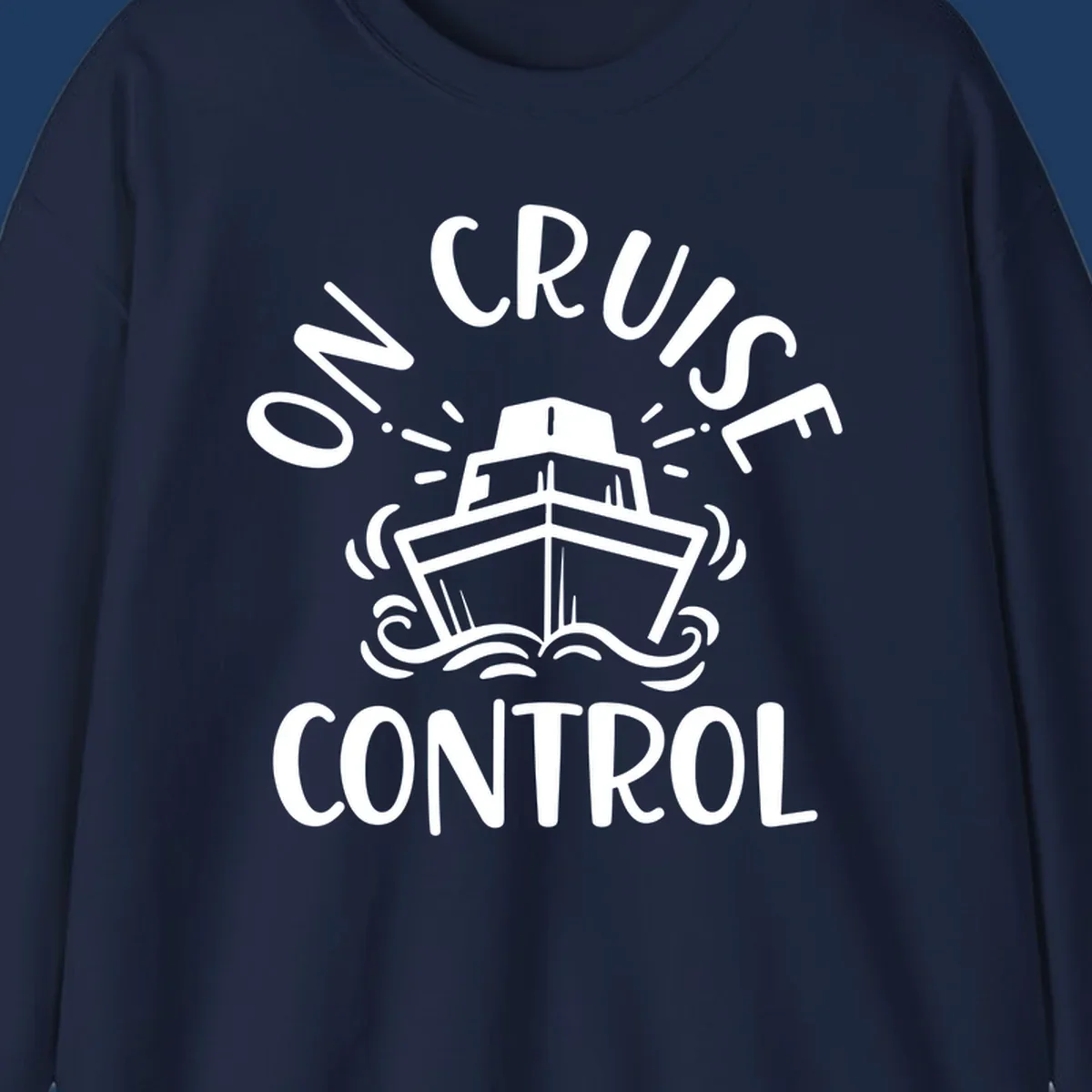 White illustration of cruise ship with radiating lines and ocean waves, text reading 'Own Cruise Control' arcing around it on gray background