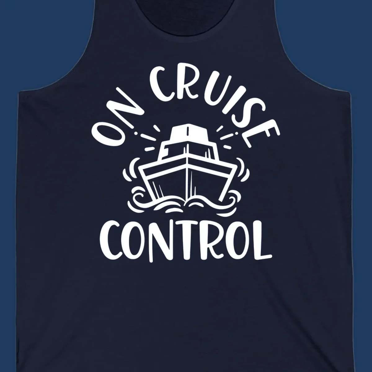 White illustration of cruise ship with radiating lines and ocean waves, text reading 'Own Cruise Control' arcing around it on gray background