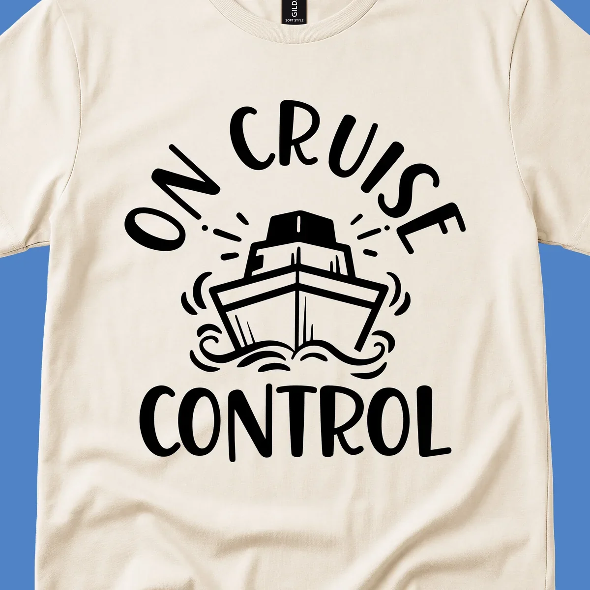 White illustration of cruise ship with radiating lines and ocean waves, text reading 'Own Cruise Control' arcing around it on gray background