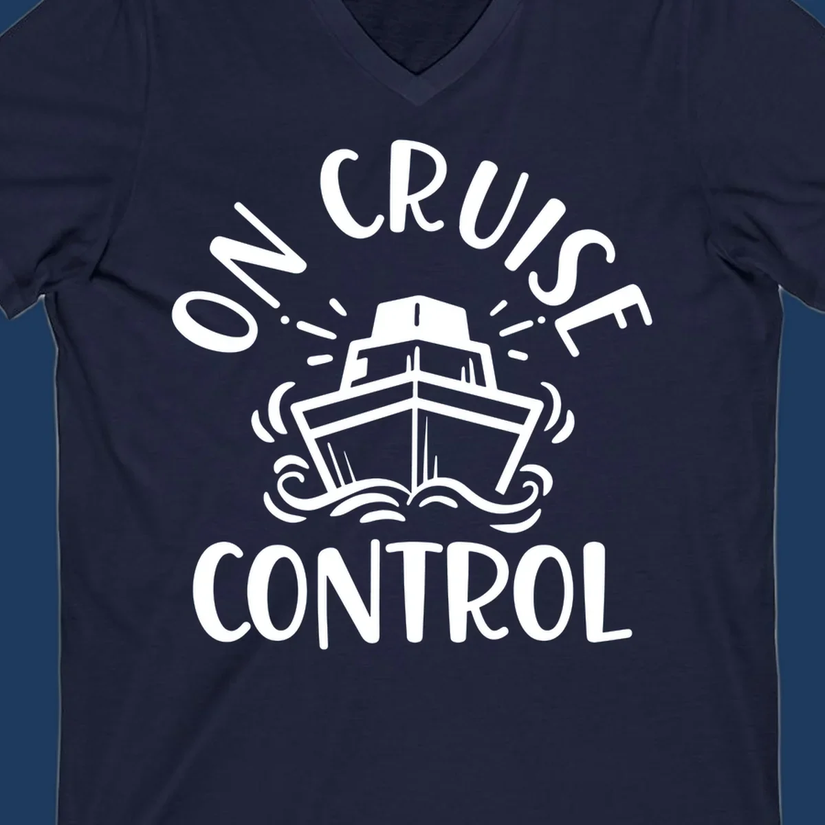 White illustration of cruise ship with radiating lines and ocean waves, text reading 'Own Cruise Control' arcing around it on gray background