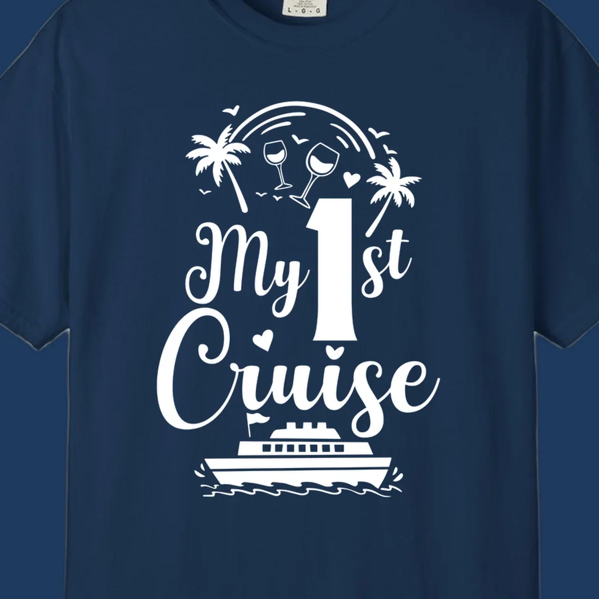 White line illustration of 'My 1st Cruise' text with cruise ship, palm trees, wine glasses, and ocean waves on gray background