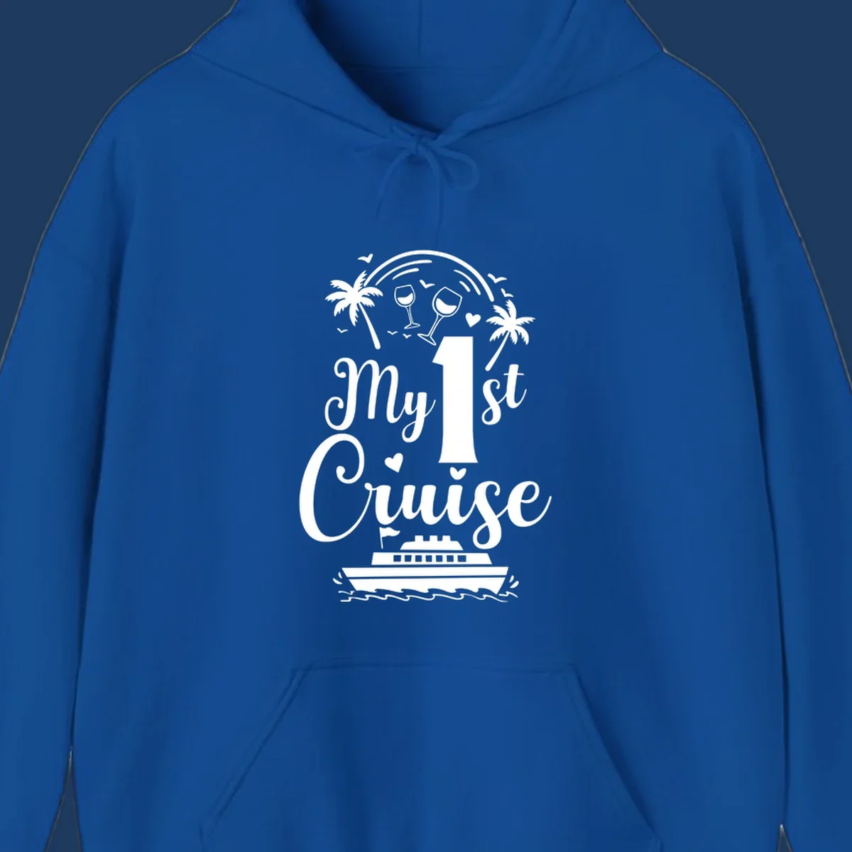 White line illustration of 'My 1st Cruise' text with cruise ship, palm trees, wine glasses, and ocean waves on gray background