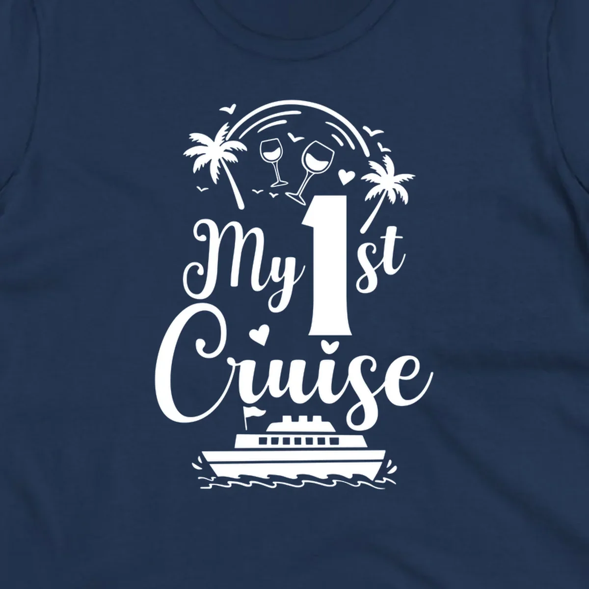 White line illustration of 'My 1st Cruise' text with cruise ship, palm trees, wine glasses, and ocean waves on gray background