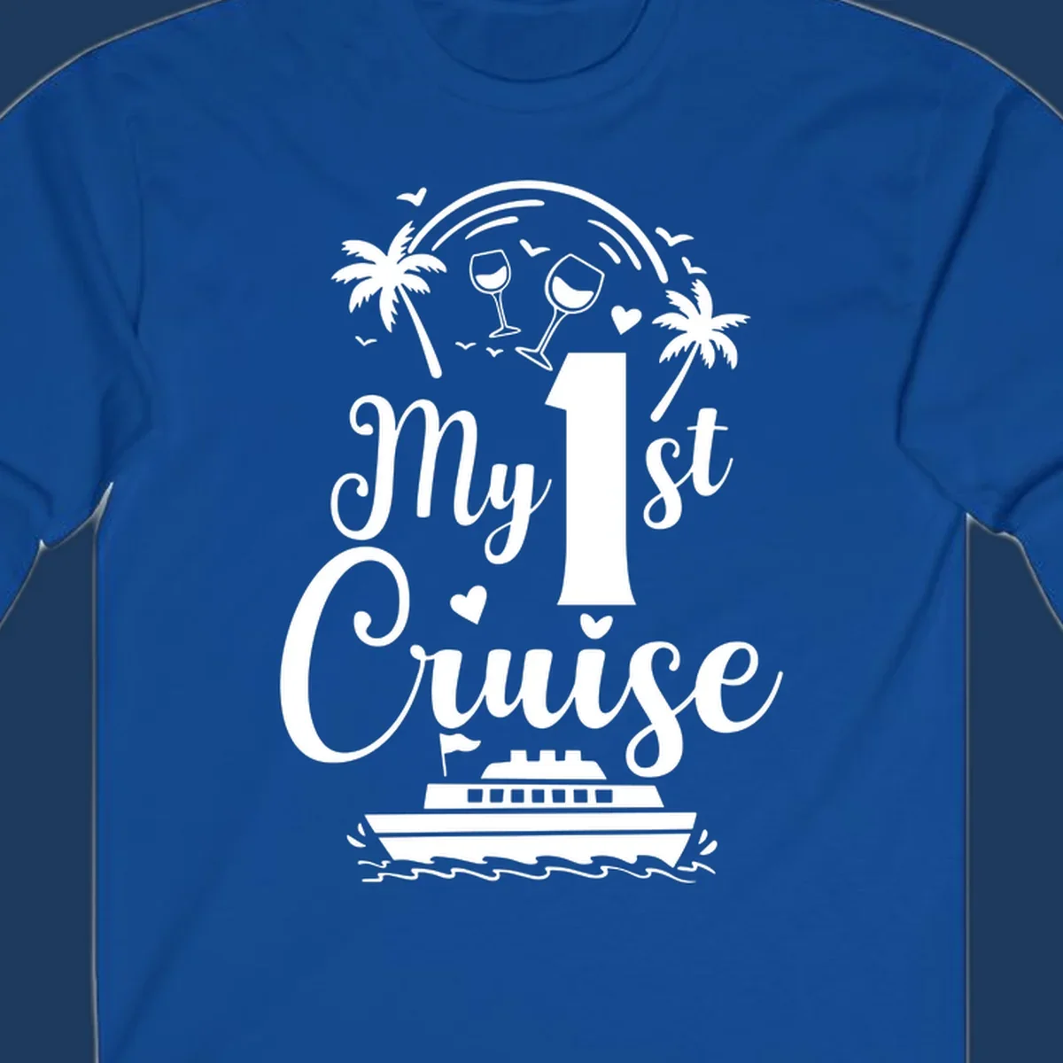 White line illustration of 'My 1st Cruise' text with cruise ship, palm trees, wine glasses, and ocean waves on gray background