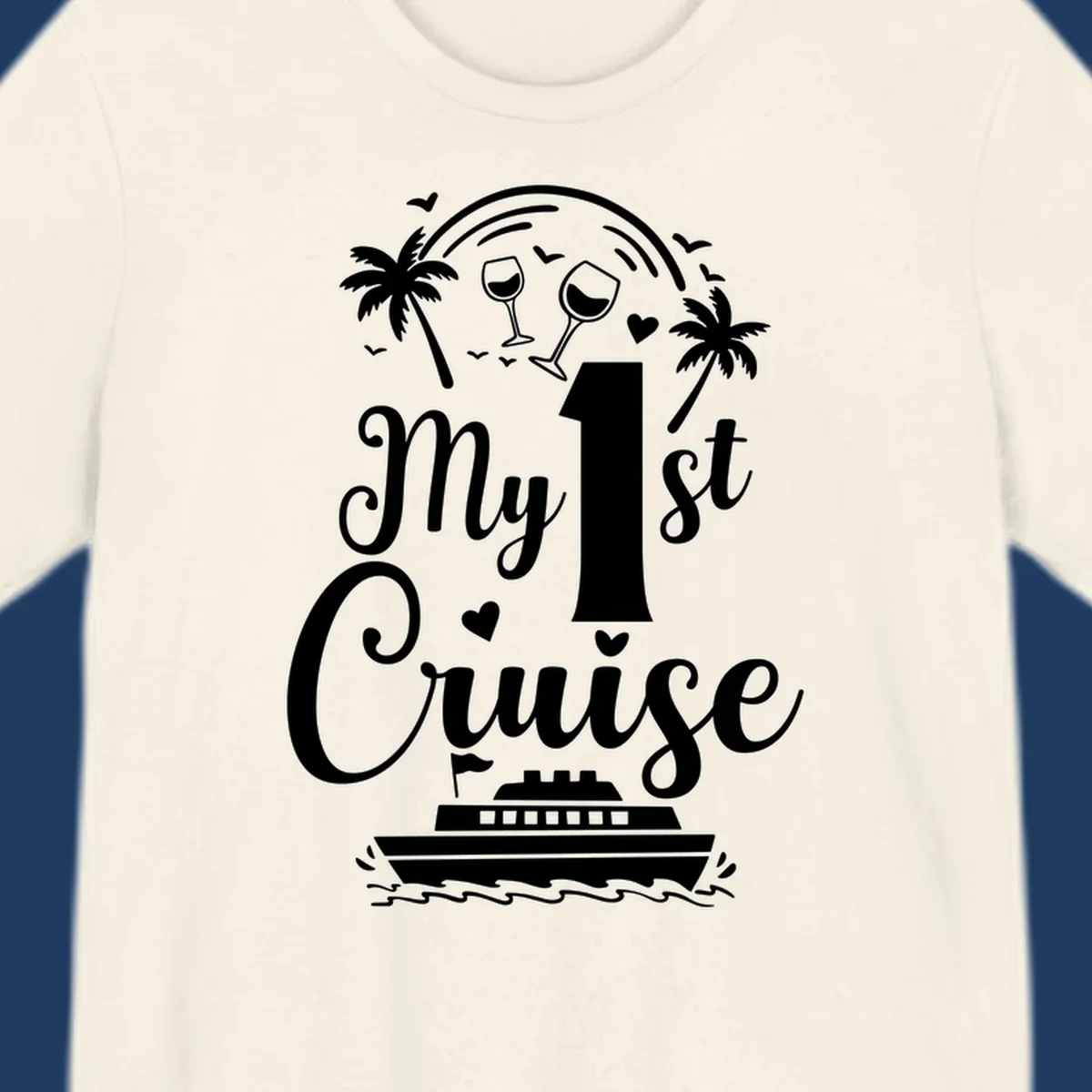 White line illustration of 'My 1st Cruise' text with cruise ship, palm trees, wine glasses, and ocean waves on gray background