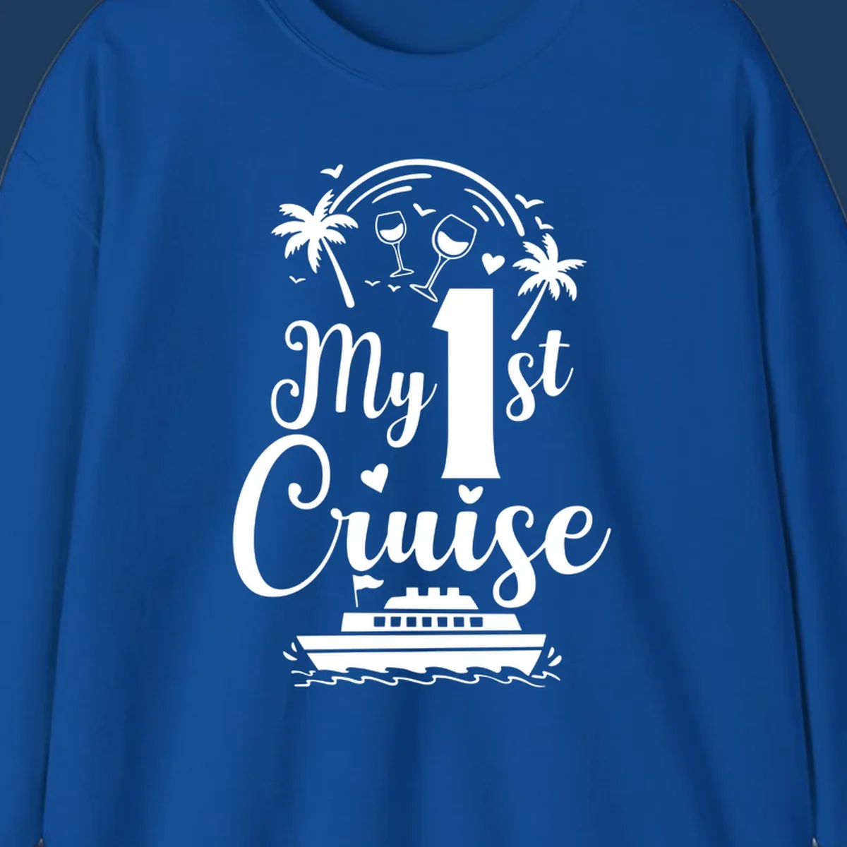 White line illustration of 'My 1st Cruise' text with cruise ship, palm trees, wine glasses, and ocean waves on gray background