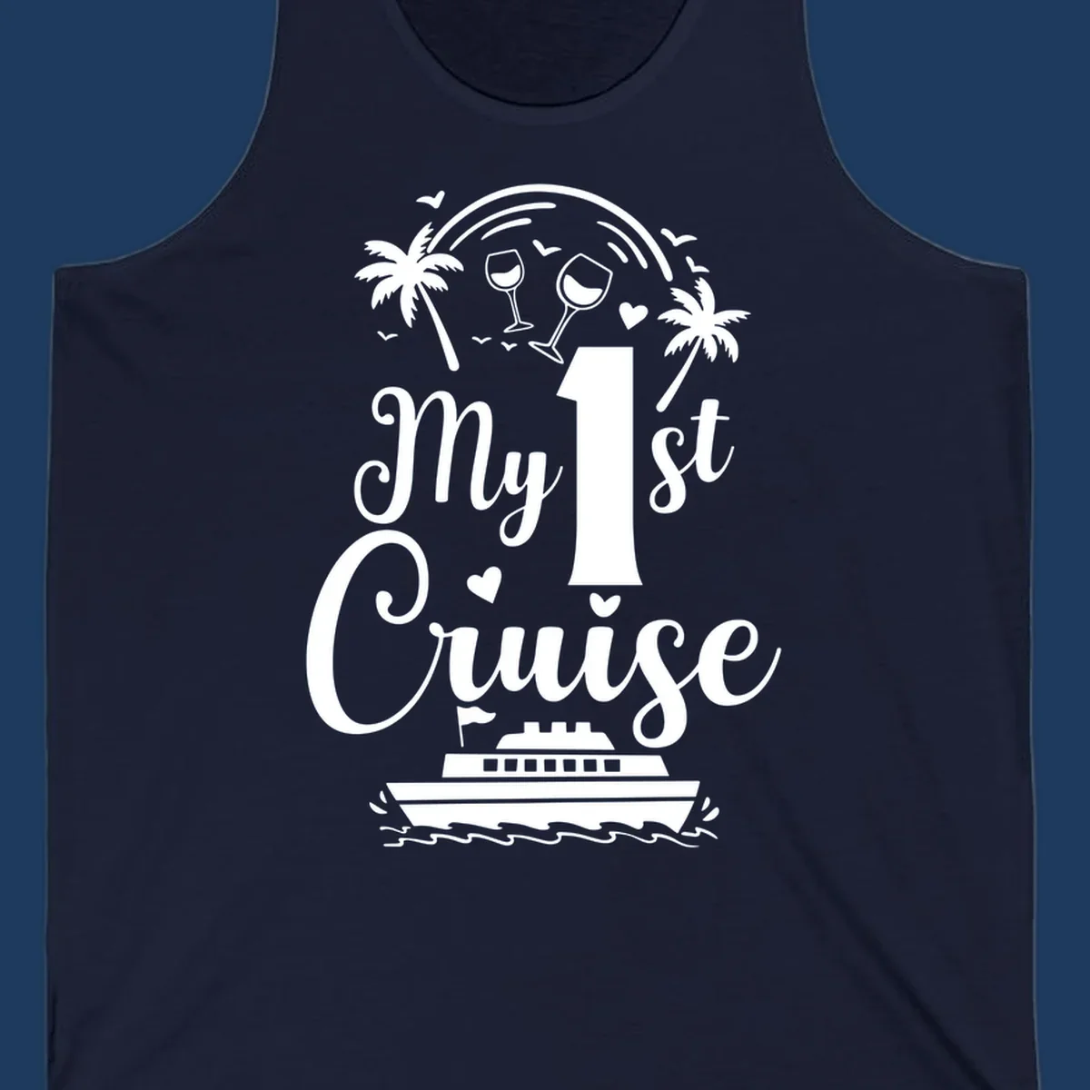 White line illustration of 'My 1st Cruise' text with cruise ship, palm trees, wine glasses, and ocean waves on gray background