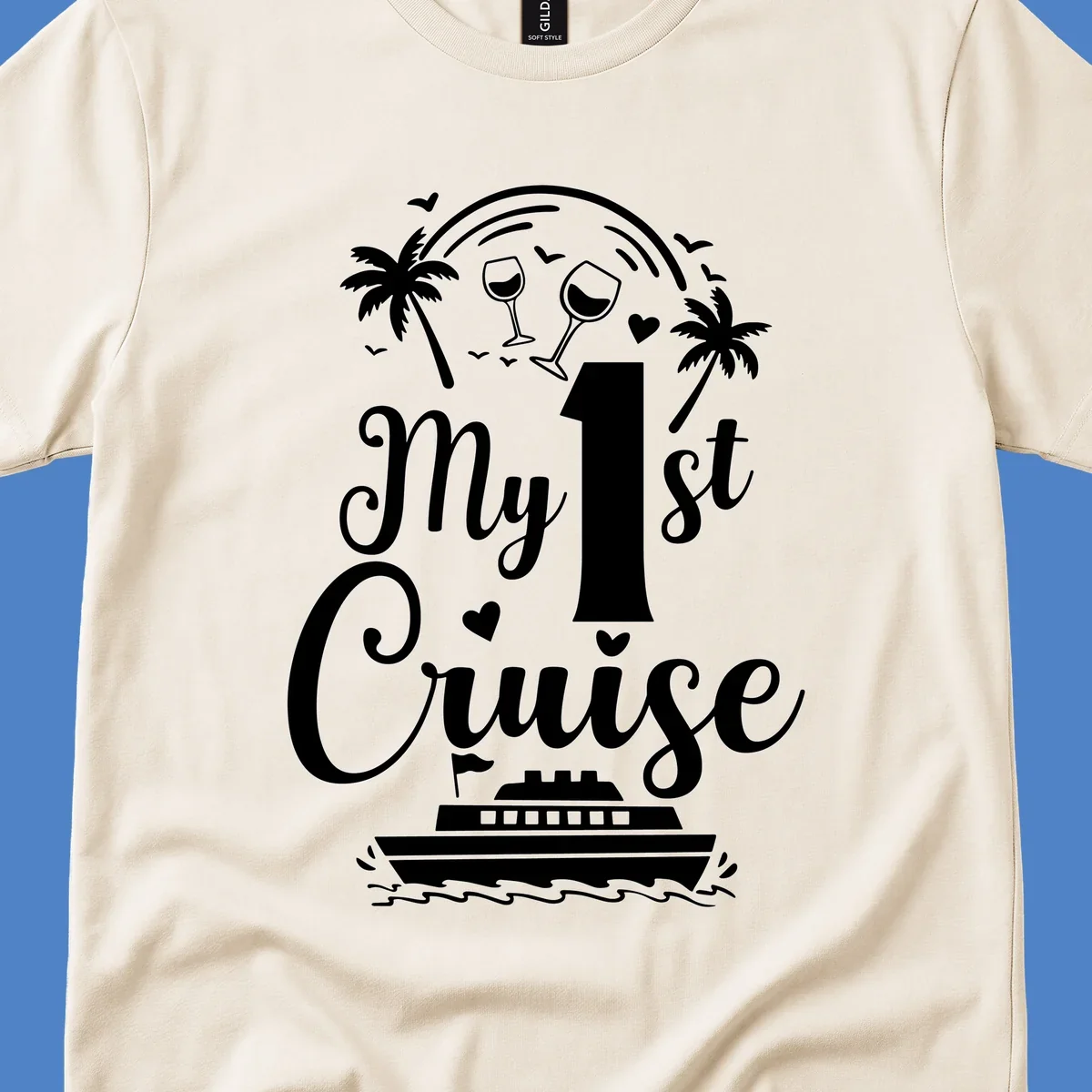 White line illustration of 'My 1st Cruise' text with cruise ship, palm trees, wine glasses, and ocean waves on gray background