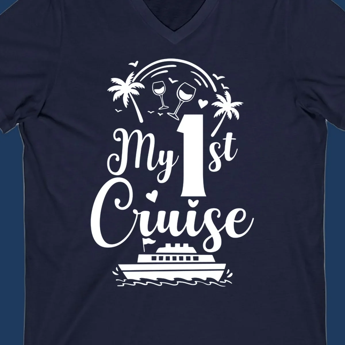 White line illustration of 'My 1st Cruise' text with cruise ship, palm trees, wine glasses, and ocean waves on gray background