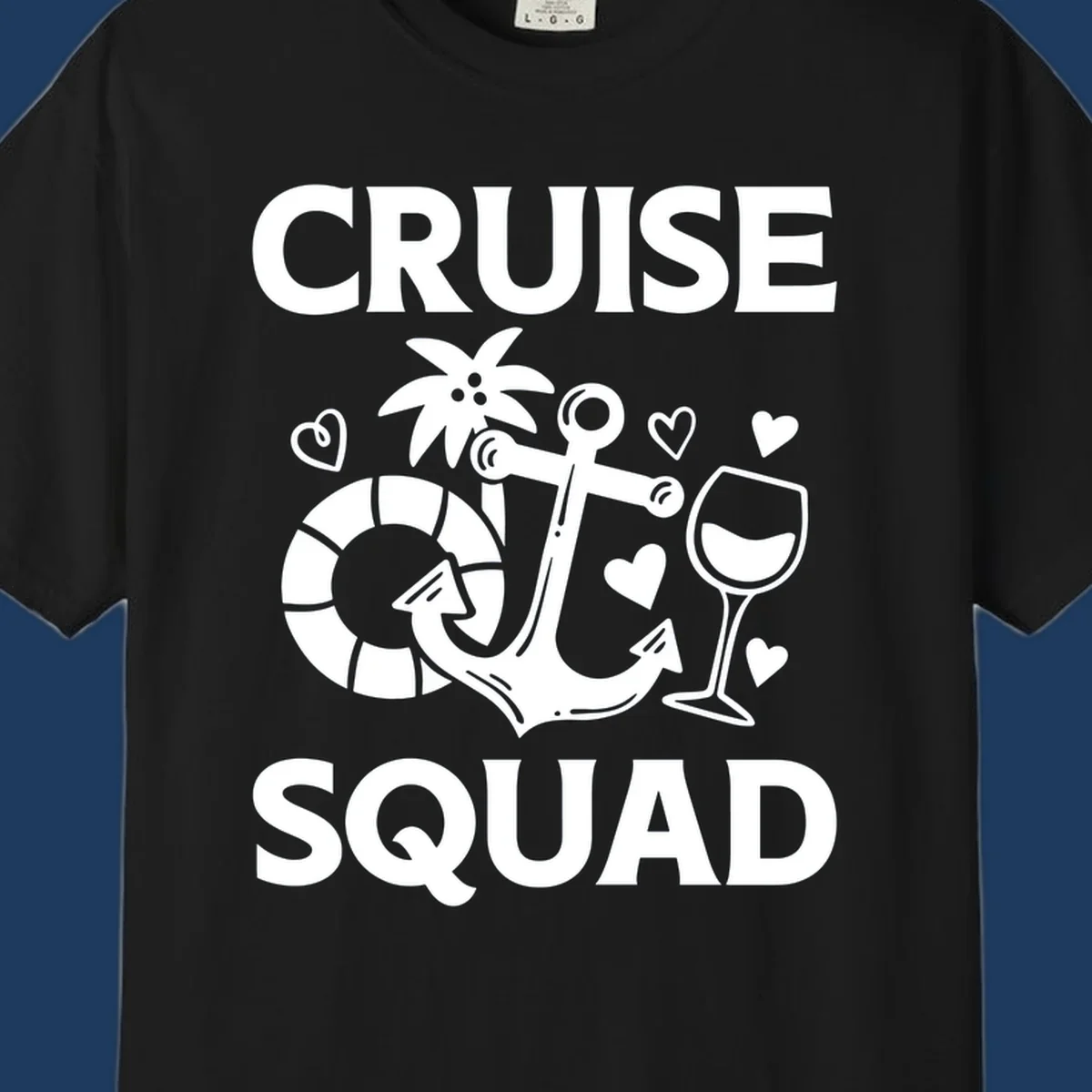 Cruise Squad design featuring life preserver, anchor, wine glass, tropical flower and hearts on gray background