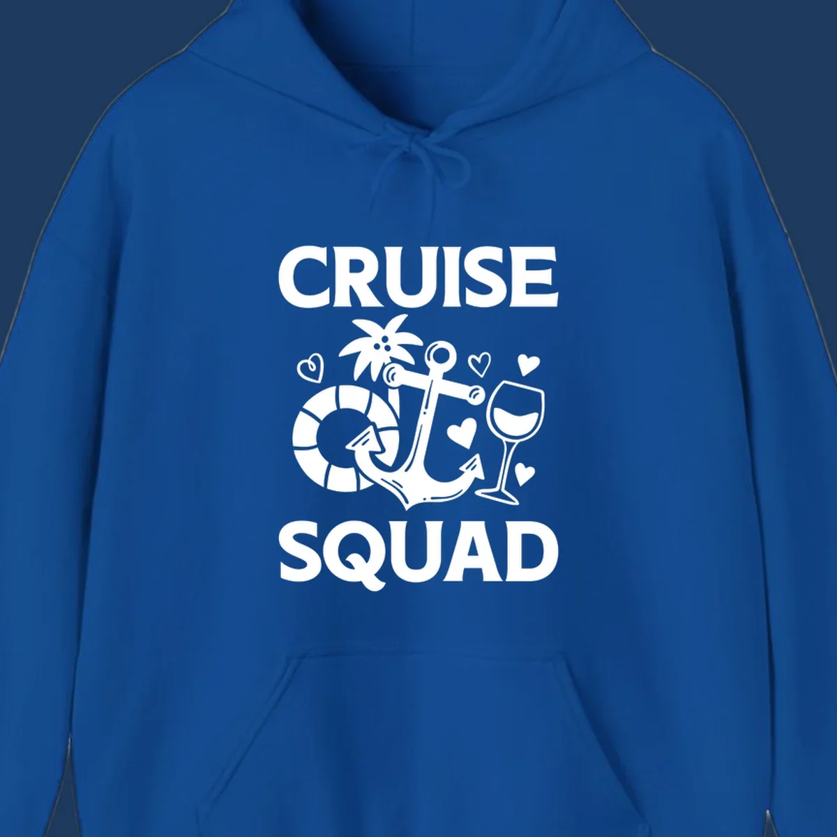 Cruise Squad design featuring life preserver, anchor, wine glass, tropical flower and hearts on gray background