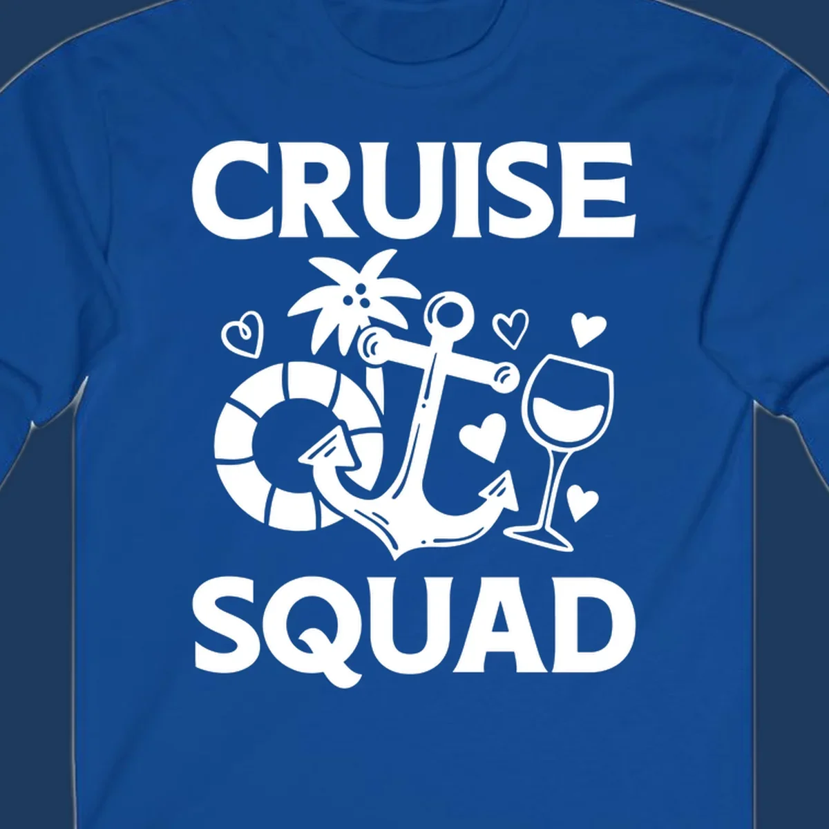 Cruise Squad design featuring life preserver, anchor, wine glass, tropical flower and hearts on gray background
