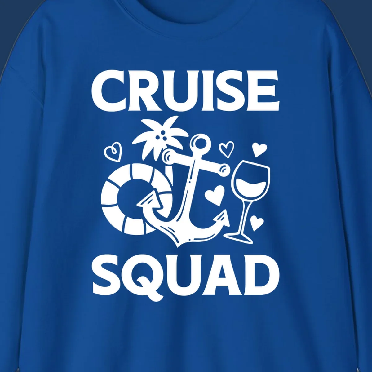 Cruise Squad design featuring life preserver, anchor, wine glass, tropical flower and hearts on gray background