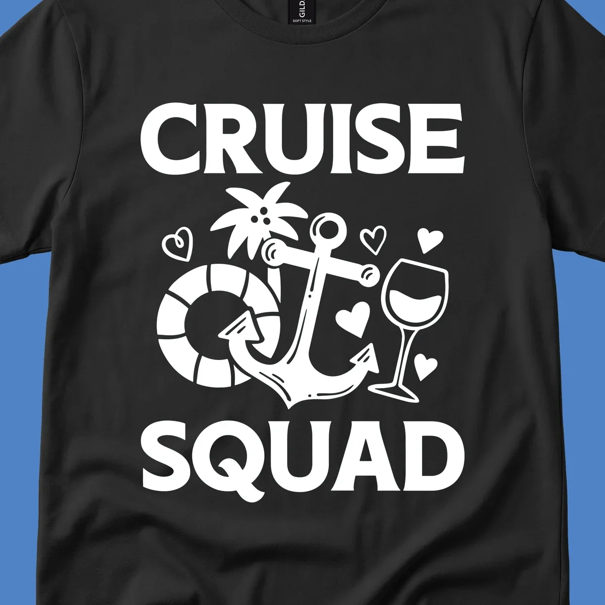 Cruise Squad design featuring life preserver, anchor, wine glass, tropical flower and hearts on gray background