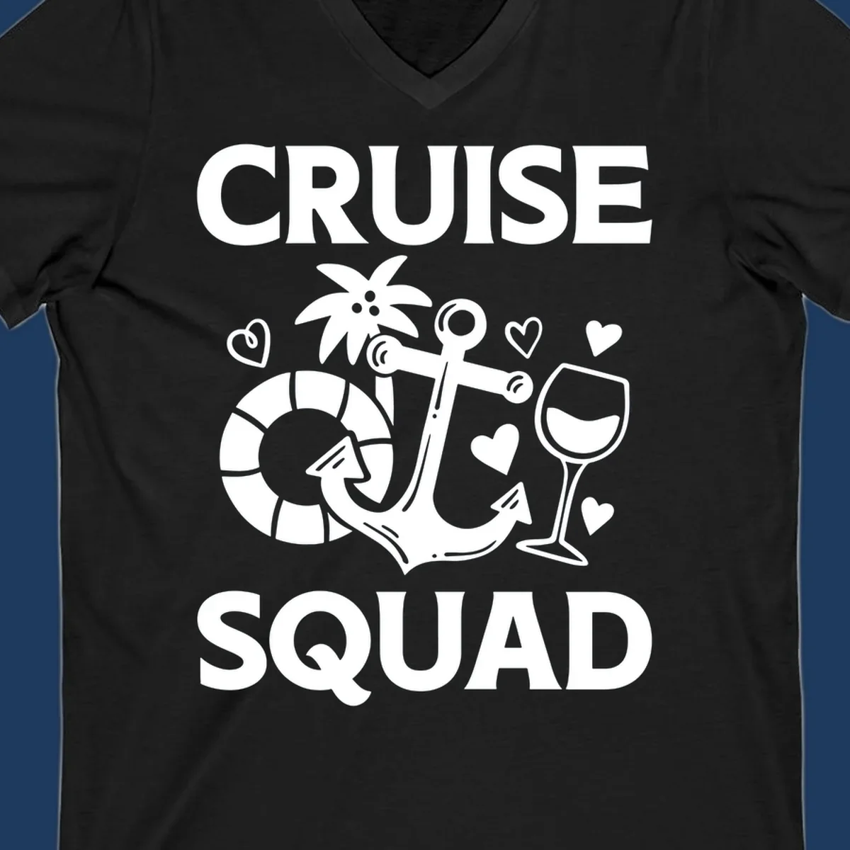 Cruise Squad design featuring life preserver, anchor, wine glass, tropical flower and hearts on gray background