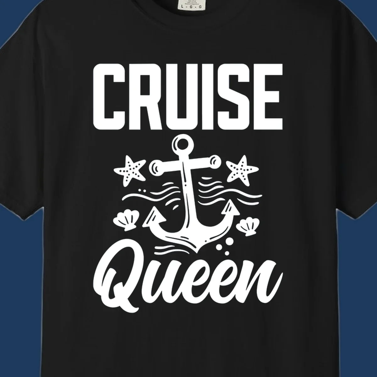 Cruise queen anchor nautical design with starfish, seashells, and ocean waves on gray background