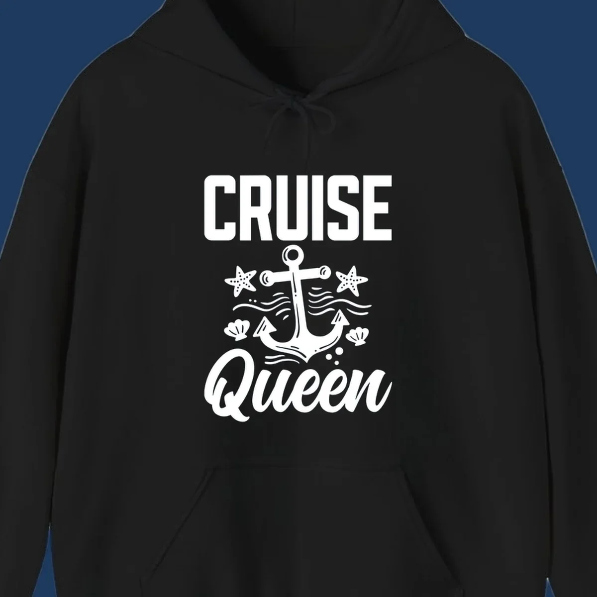 Cruise queen anchor nautical design with starfish, seashells, and ocean waves on gray background