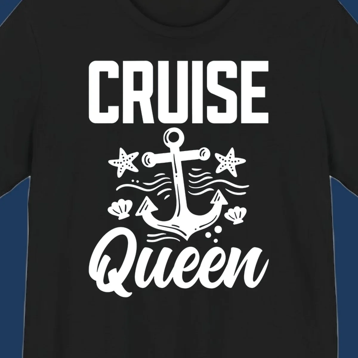Cruise queen anchor nautical design with starfish, seashells, and ocean waves on gray background