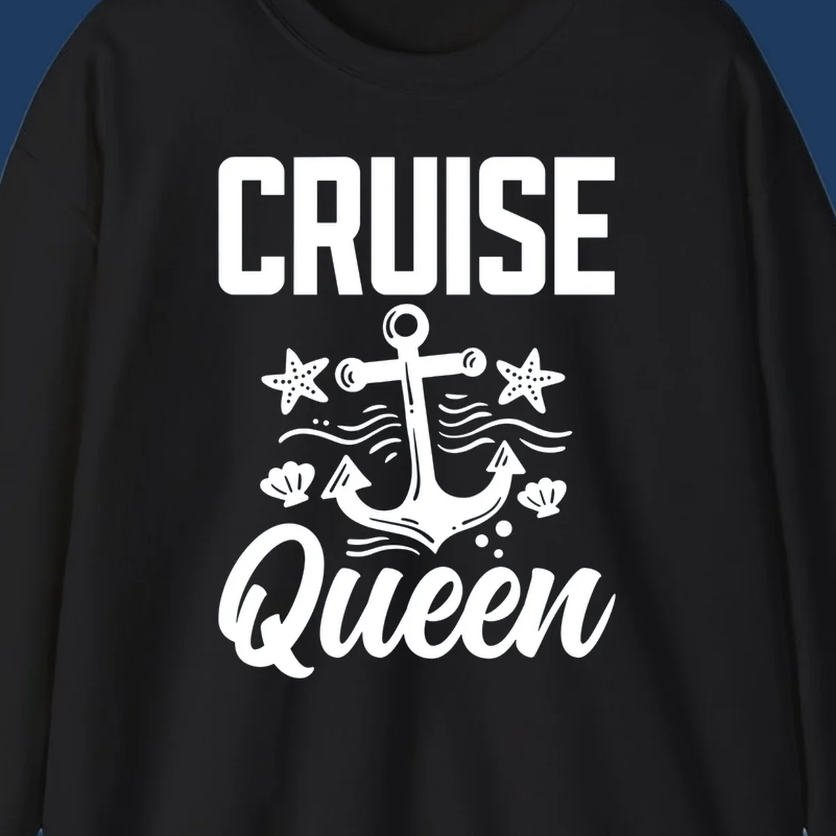 Cruise queen anchor nautical design with starfish, seashells, and ocean waves on gray background