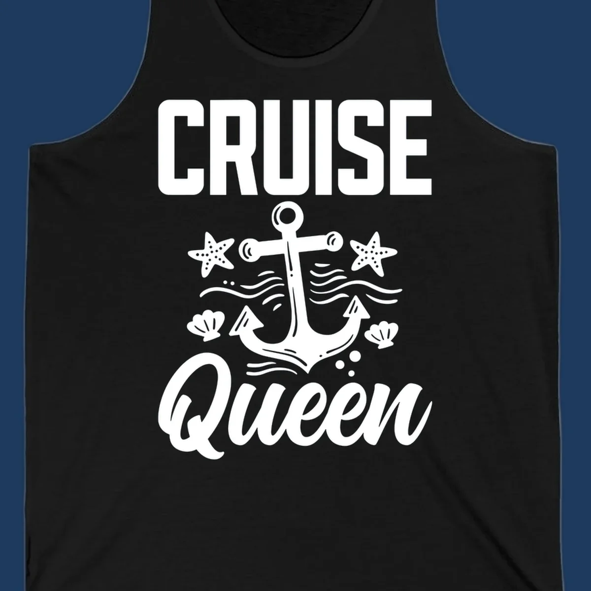 Cruise queen anchor nautical design with starfish, seashells, and ocean waves on gray background