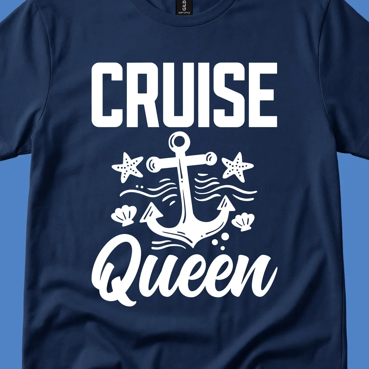 Cruise queen anchor nautical design with starfish, seashells, and ocean waves on gray background