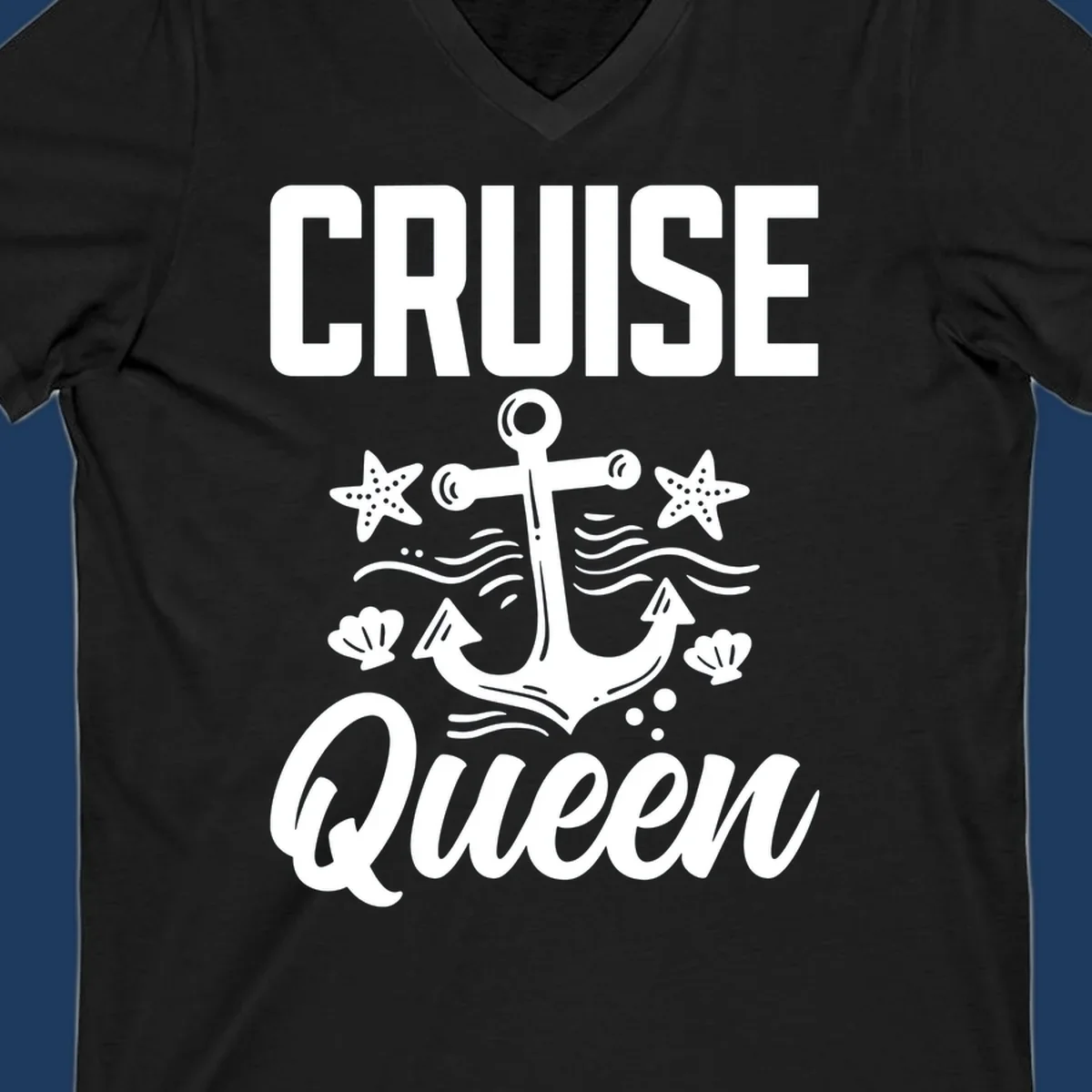Cruise queen anchor nautical design with starfish, seashells, and ocean waves on gray background