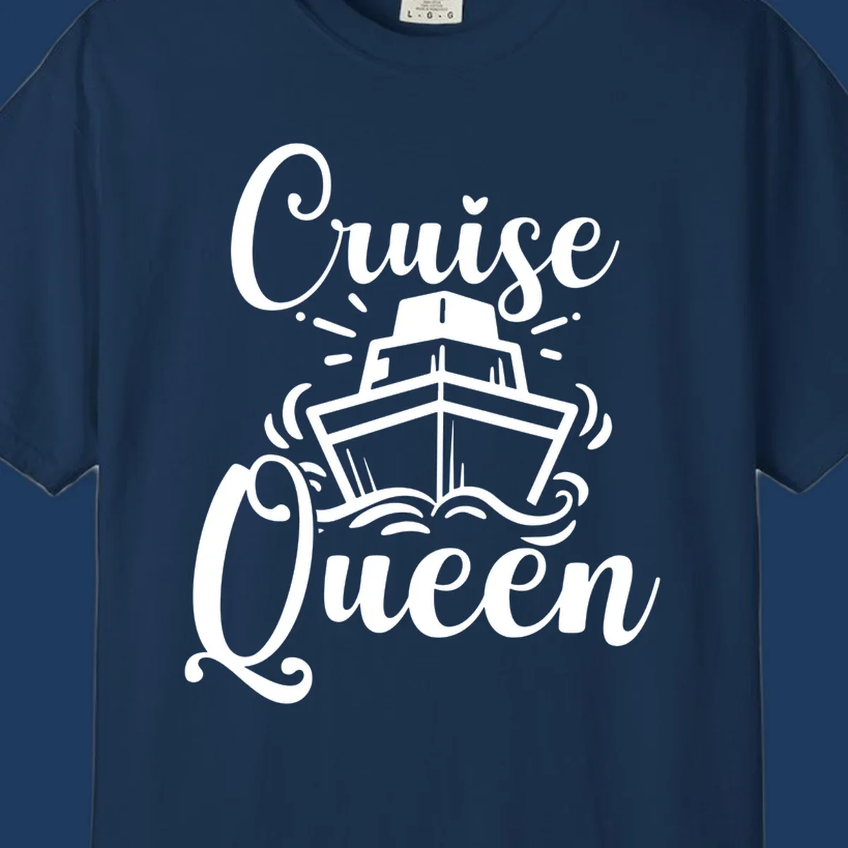 White cruise ship illustration with ocean waves and 'Cruise Queen' text in elegant script on gray background