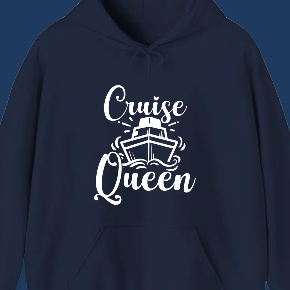 White cruise ship illustration with ocean waves and 'Cruise Queen' text in elegant script on gray background