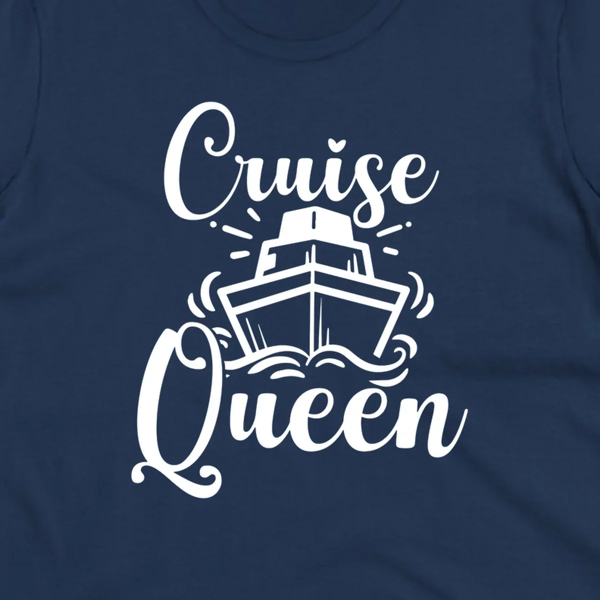 White cruise ship illustration with ocean waves and 'Cruise Queen' text in elegant script on gray background
