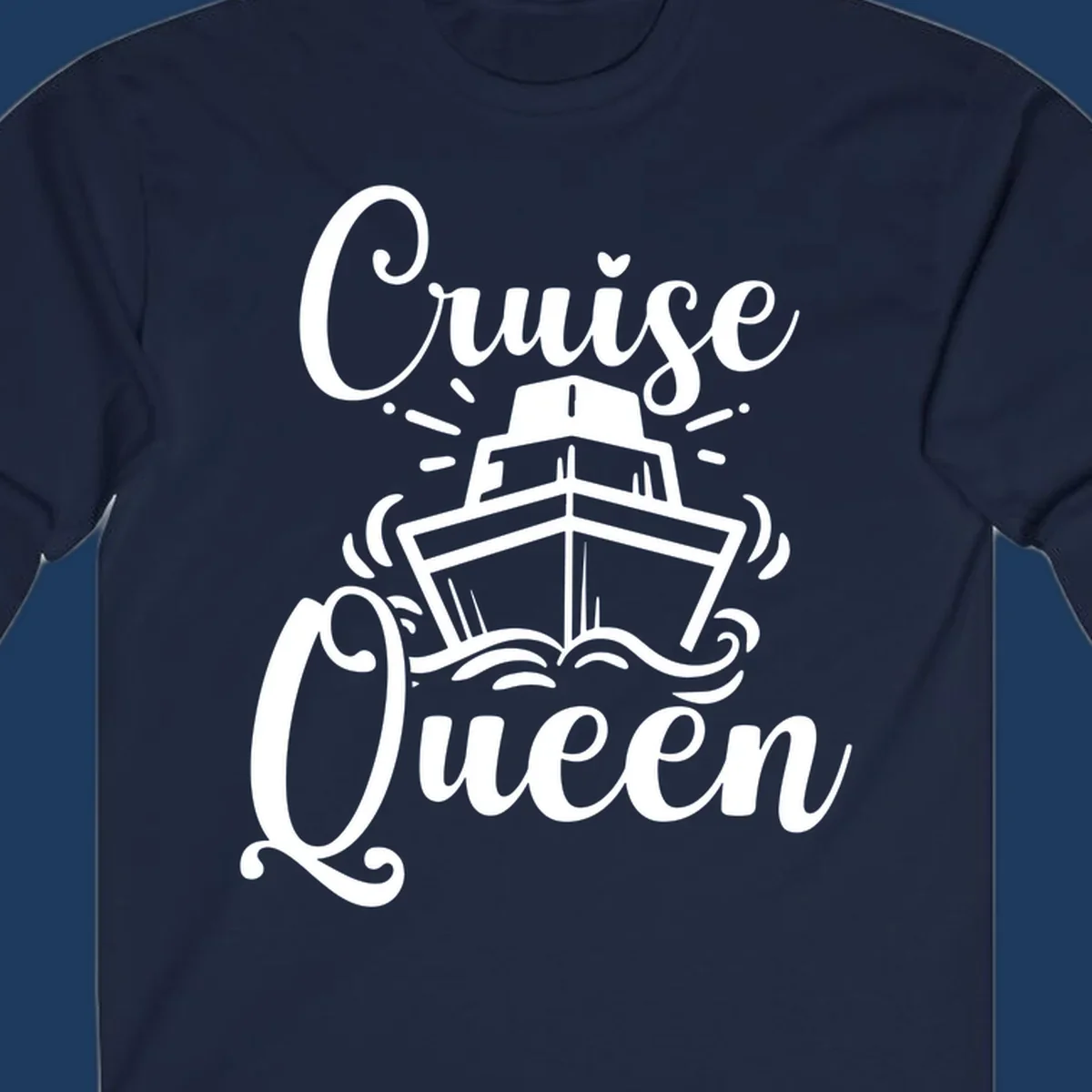 White cruise ship illustration with ocean waves and 'Cruise Queen' text in elegant script on gray background