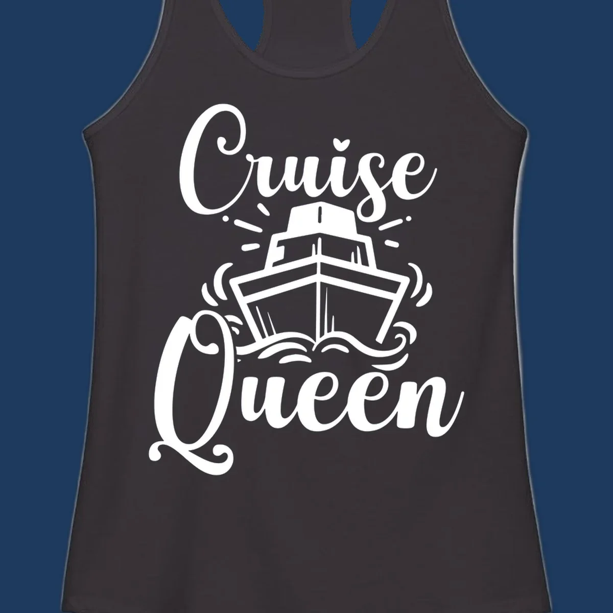 White cruise ship illustration with ocean waves and 'Cruise Queen' text in elegant script on gray background