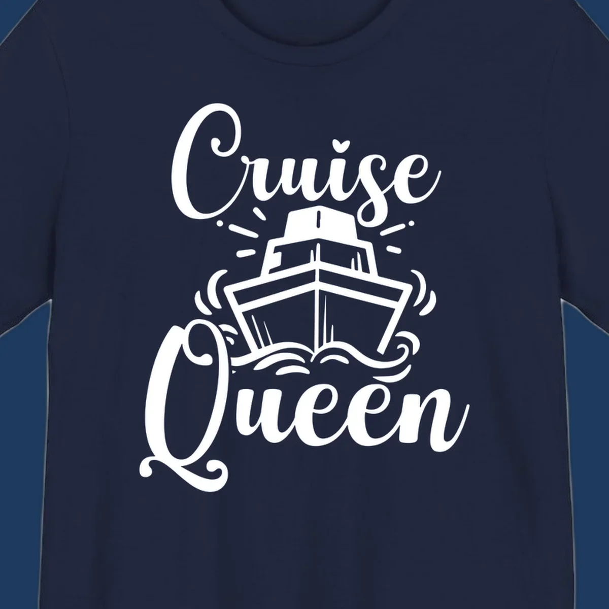 White cruise ship illustration with ocean waves and 'Cruise Queen' text in elegant script on gray background
