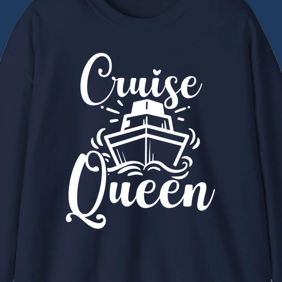 White cruise ship illustration with ocean waves and 'Cruise Queen' text in elegant script on gray background