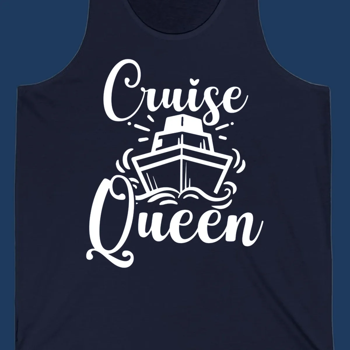White cruise ship illustration with ocean waves and 'Cruise Queen' text in elegant script on gray background