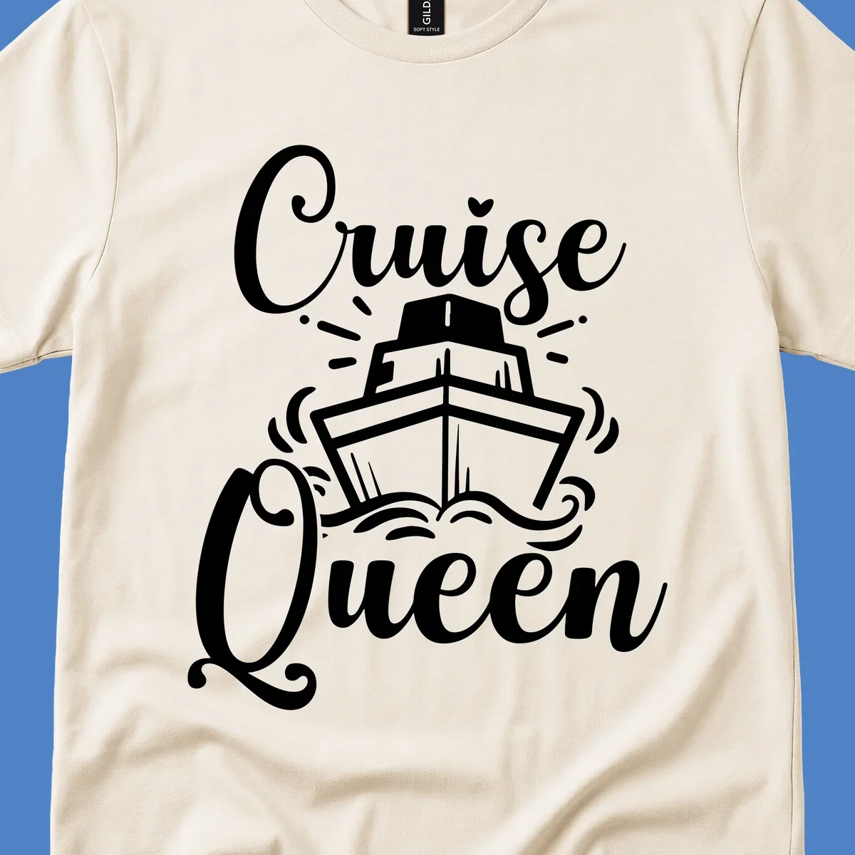 White cruise ship illustration with ocean waves and 'Cruise Queen' text in elegant script on gray background