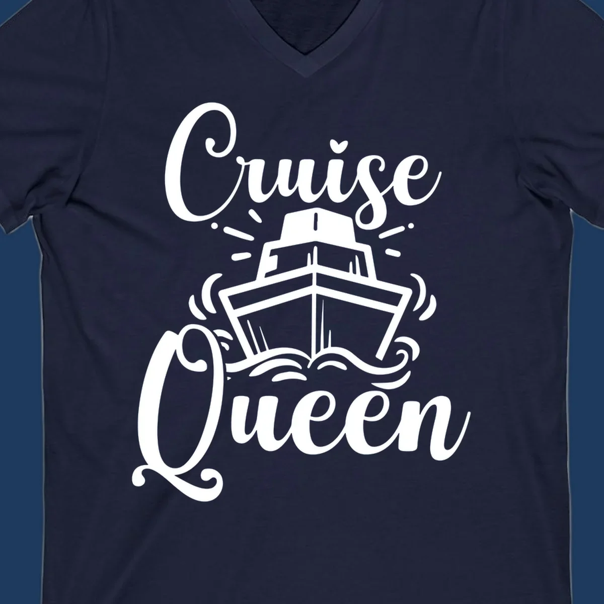 White cruise ship illustration with ocean waves and 'Cruise Queen' text in elegant script on gray background
