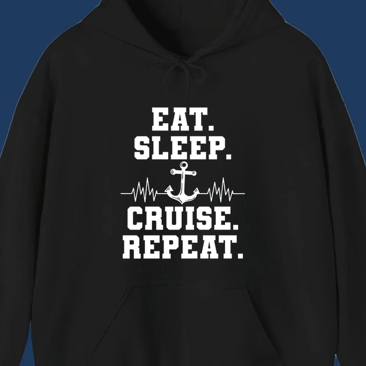 White anchor with heartbeat lines and text reading 'Eat Sleep Cruise Repeat' on gray background