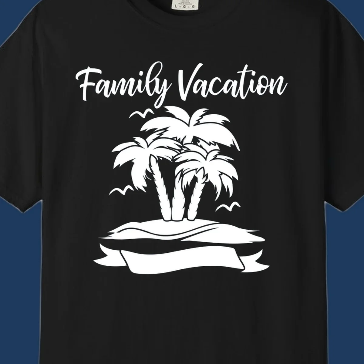 Illustration of two palm trees on a sandy island with seagulls and 'Family Vacation' text in script font