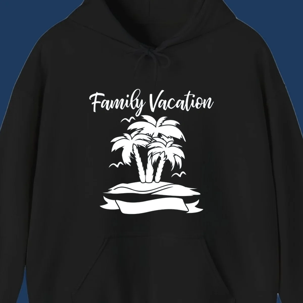 Illustration of two palm trees on a sandy island with seagulls and 'Family Vacation' text in script font