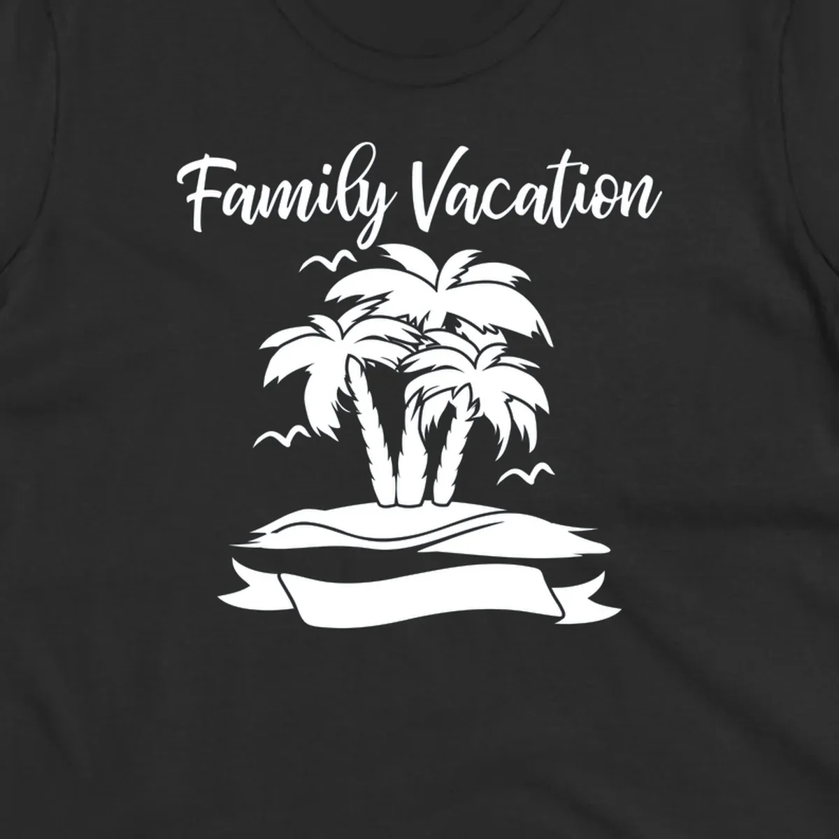 Illustration of two palm trees on a sandy island with seagulls and 'Family Vacation' text in script font