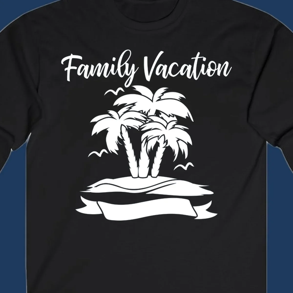 Illustration of two palm trees on a sandy island with seagulls and 'Family Vacation' text in script font