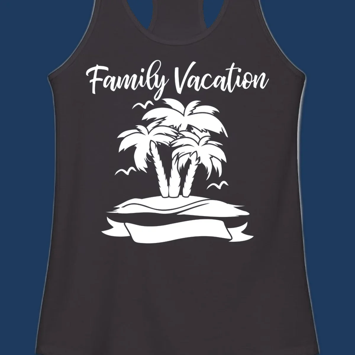 Illustration of two palm trees on a sandy island with seagulls and 'Family Vacation' text in script font