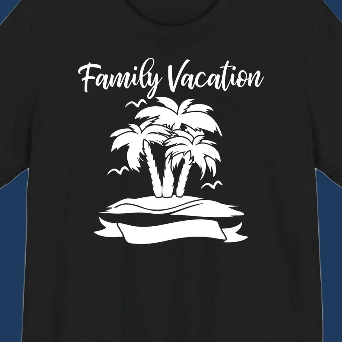 Illustration of two palm trees on a sandy island with seagulls and 'Family Vacation' text in script font